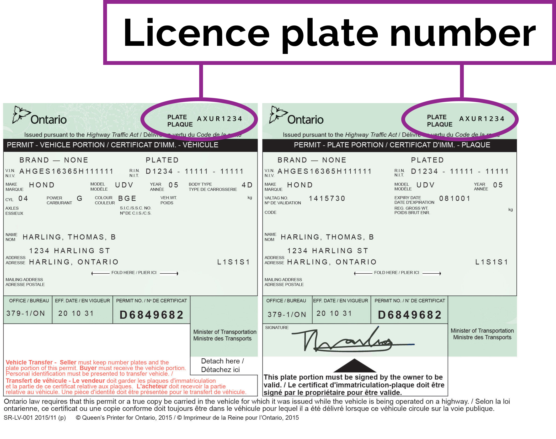 An image of the Ontario vehicle permit highlighting the licence plate number at the top.