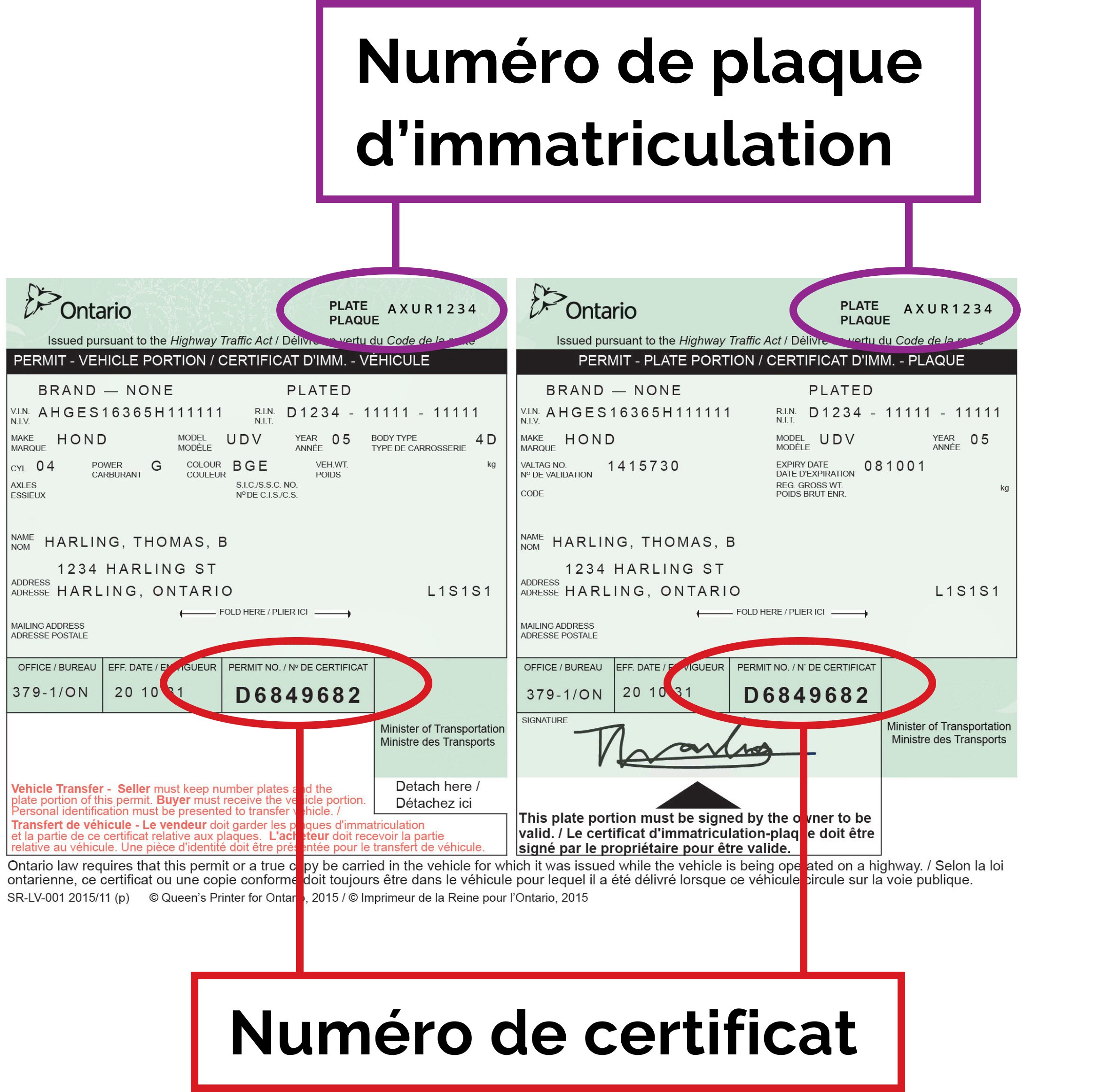 An image of the Ontario vehicle permit highlighting the licence plate number at the top and permit number at the bottom.